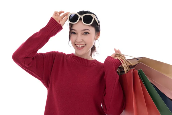 Feliz Joven Mujer Sosteniendo Bolsa Aislada Sobre Fondo Blanco —  Fotos de Stock