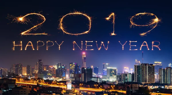 2019 Happy new year firework Sparkle with Bandkok cityscape at night