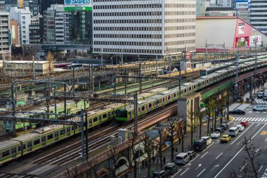 Tokyo tren istasyonuna yaklaşan yerel tren, Japonya