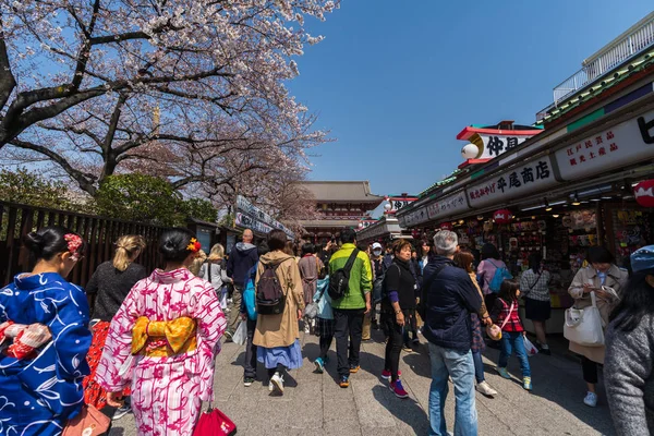 Pessoas não identificadas visitam o templo de Sensoji com flor de cereja em — Fotografia de Stock