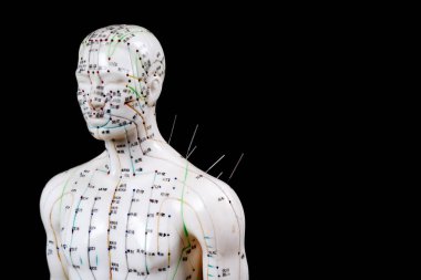 male acupuncture model with needles on black background clipart