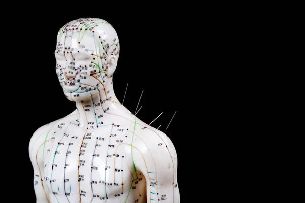 Männliches Akupunkturmodell mit Nadeln auf schwarzem Hintergrund — Stockfoto