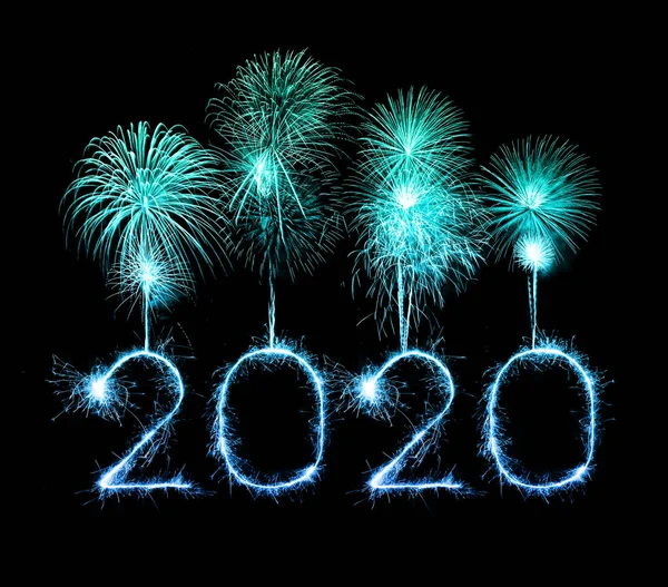 2020 happy new year fireworks written sparklers at night — Stock Photo, Image