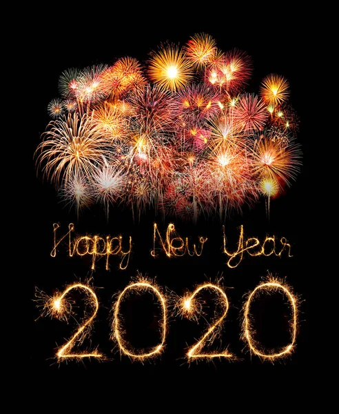 2020 šťastný nový rok ohňostroje, psané sparklery v noci — Stock fotografie