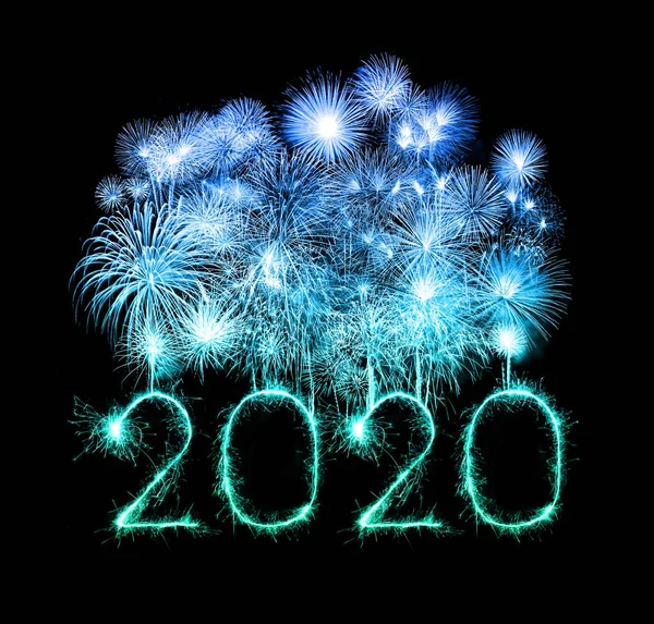 2020 happy new year fireworks written sparklers at night — Stock Photo, Image