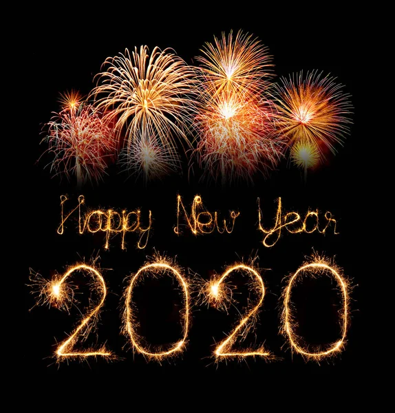 2020 šťastný nový rok ohňostroje, psané sparklery v noci — Stock fotografie