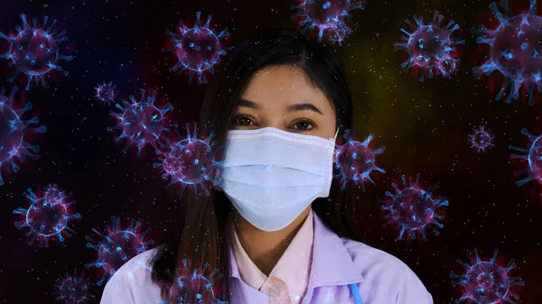 Vrouwelijke Arts Met Een Medisch Masker Coronavirus Covid Drijvend Lucht — Stockfoto