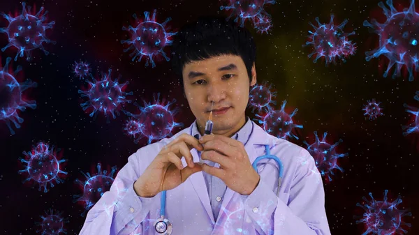 Чоловічий Лікар Тримає Шприц Вірусної Вакцини Коронавірусу Covid Плаває Повітрі — стокове фото