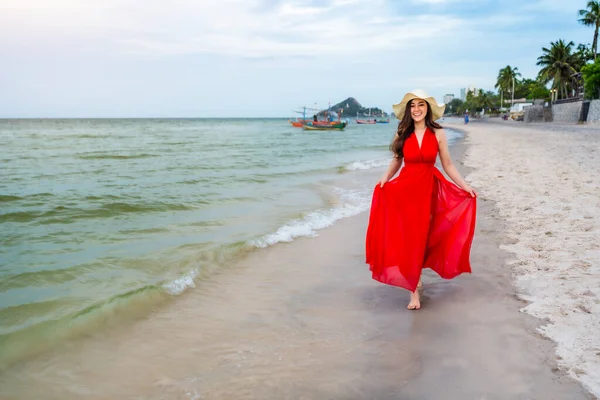 Cheerful Woman Red Dress Walking Sea Beach — Stock Photo, Image