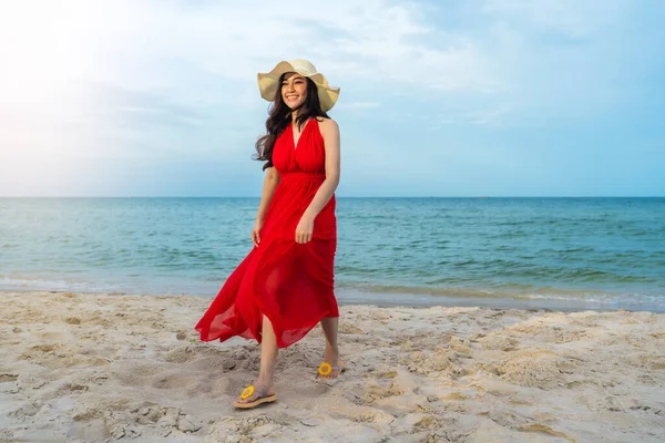 Cheerful Woman Red Dress Walking Sea Beach — Stock Photo, Image