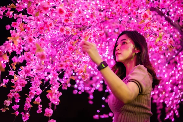 Woman Light Pink Cherry Blossom Sakura Blooming Night — Stock Photo, Image