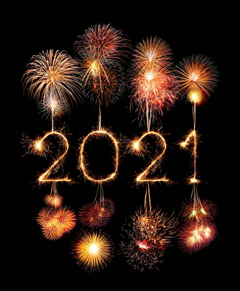 2021 Happy New Year Fireworks Written Sparkling Sparklers Night — Stock Photo, Image