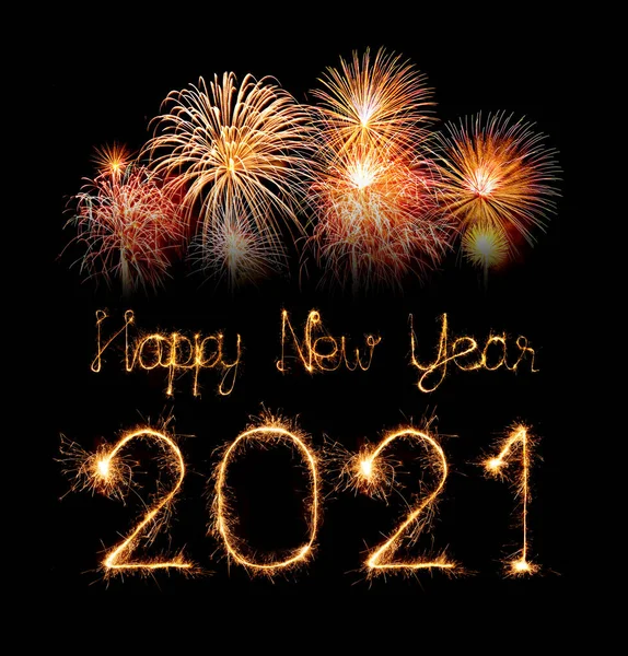 2021 Novos Fogos Artifício Feliz Ano Escrito Espumantes Noite — Fotografia de Stock