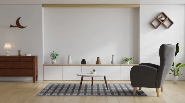 Beyaz duvarlı oturma odası, kanepe ve vazo dekorasyonu 3D