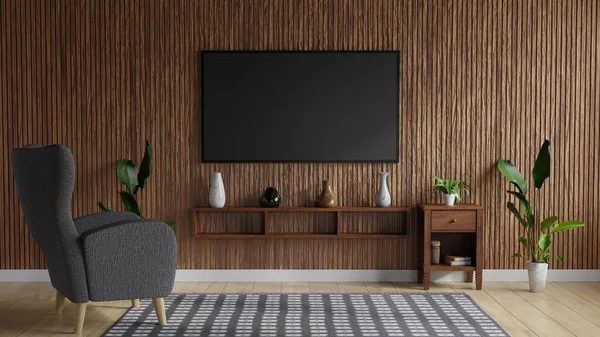 Büyük televizyon ahşap duvarda bir kanepe ve önünde bir halı ile süslenmiş vazolar ve bitkiler güzel bir masa 3D görüntüleme