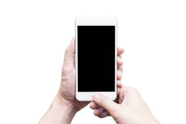 Siyah maket ekranlı akıllı telefonu tutan eller.