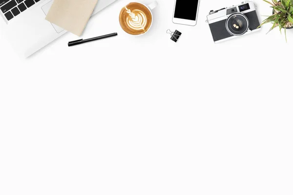 White Photographer Office Desk Table Camera Supplies Top View Copy — Stock Photo, Image