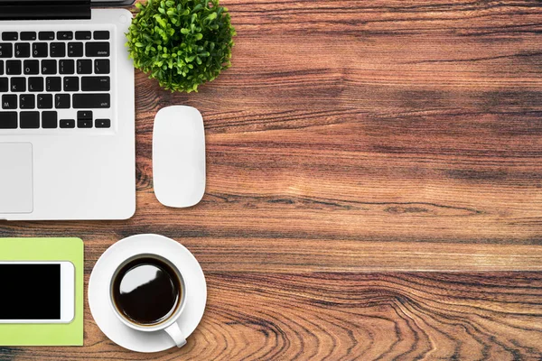 Wood Office Desk Table Laptop Coffee Supplies Top View Copy — Stock Photo, Image