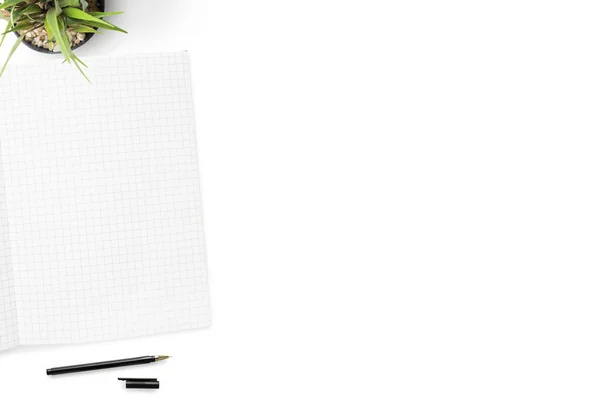 Blank Notebook Grid Lines Pen Top White Table Top View — Stock Photo, Image