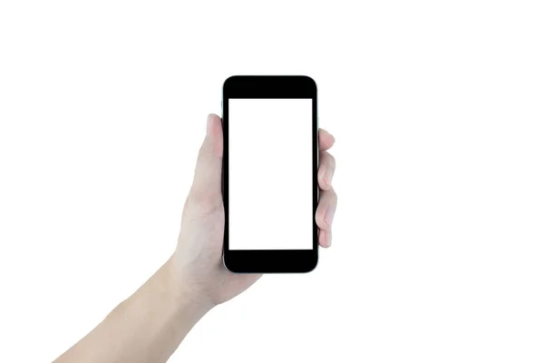 Hand Håller Svart Smartphone Isolerad Vit Bakgrund Klippbana Inbäddad — Stockfoto