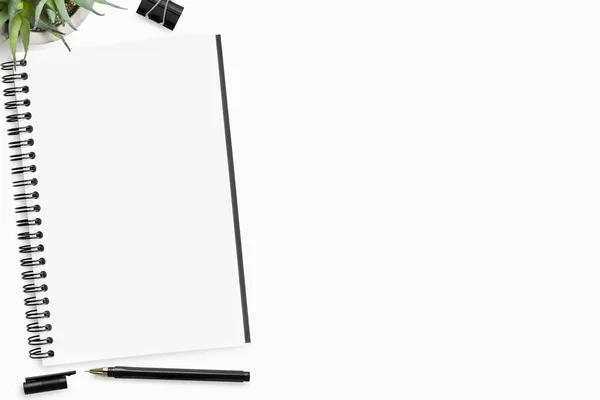 Blank Notebook Page Top White Desk Table Pen Top View — Stock Photo, Image
