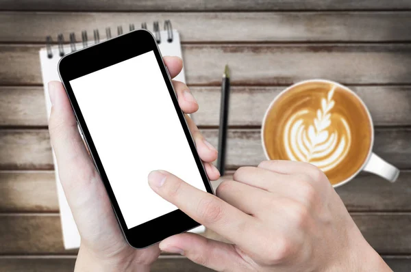 Man Using Smartphone Blank Mockup Screen Coffee Shop Application Concept — Stock Photo, Image