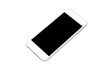 Siyah ekranlı beyaz akıllı telefon beyaz arkaplanda izole edilmiştir. Gömülü olan yol kırpılıyor.