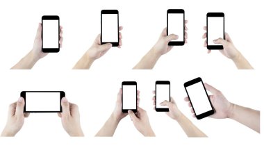 Beyaz arka planda izole edilmiş akıllı telefonları olan eller.