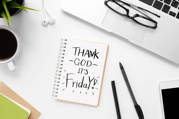 Notebook Thank God Friday Text Top View Friday Motivation Concept — Stock Photo, Image