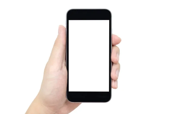 Ręczne Trzymanie Smartfona Pustym Srceen Izolowane Białym Grzbiecie — Zdjęcie stockowe