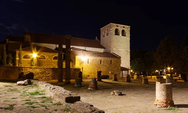 Nattvisning Katedralen San Giusto Och Romerska Forumet Ruiner Trieste Italien — Stockfoto