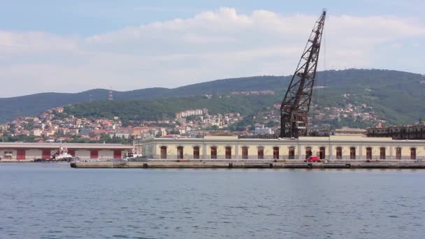 Byggnader Vid Vattnet Trieste Italien Med Den Imponerande Formen Den — Stockvideo