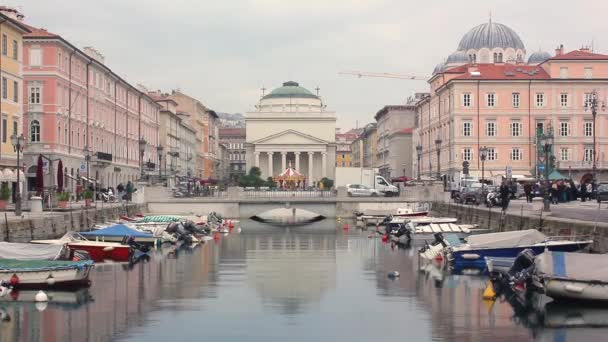 位于意大利的里雅斯特的大运河和圣安东尼奥广场 背景是同名的新古典教堂 — 图库视频影像