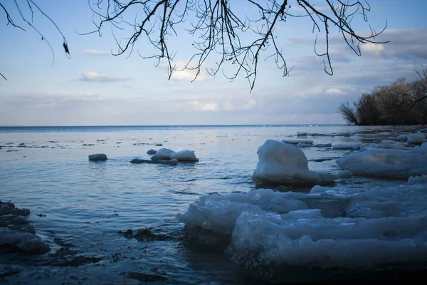 Zimowe Wybrzeżu Pośród Lodu Pięknej Pogody Błękitne Niebo — Zdjęcie stockowe