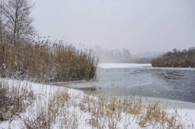 Kış manzara donmuş nehri üzerinde