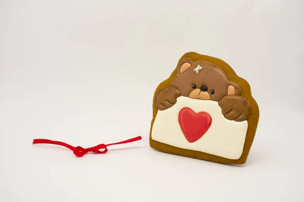 Regalo San Valentino Pan Zenzero Originale Orso Con Cuore — Foto Stock