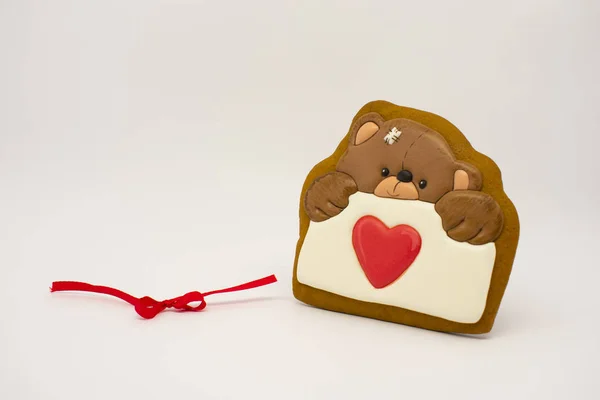 Regalo San Valentino Pan Zenzero Originale Orso Con Cuore — Foto Stock