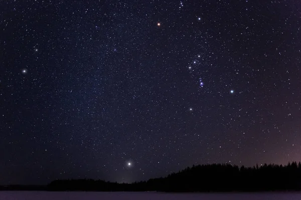 Constelaciones Orión Canis Menor Sirio Sobre Horizonte Una Fría Noche — Foto de Stock