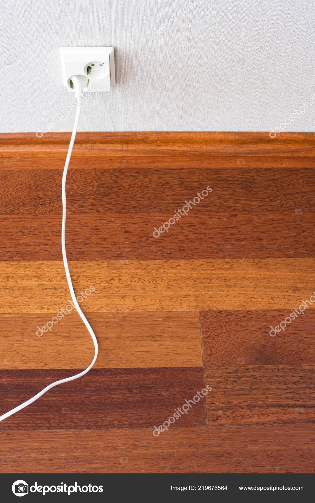 Parquet Floor Electric Plug Connected Outlet Wall Stock Photo