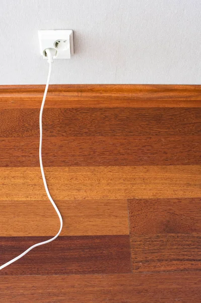 Parquet floor and electric plug connected to the outlet in a wall