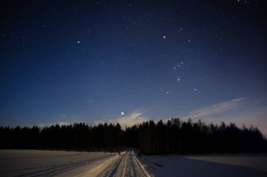 Orion takımyıldızı yönünde bulunan ve orman kış gökyüzündeki üstüne Sirius