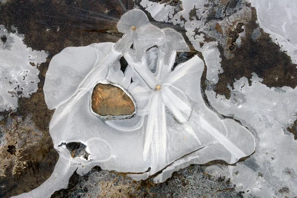 Detailní Záběr Zamrzlého Břehu Jezera Vzory Ledovém Povrchu — Stock fotografie
