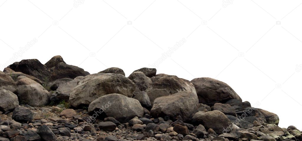 Heap of dark granite boulders and stones isolated on white background