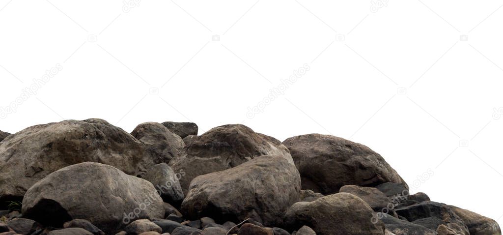 Heap of dark granite boulders and stones isolated on white background
