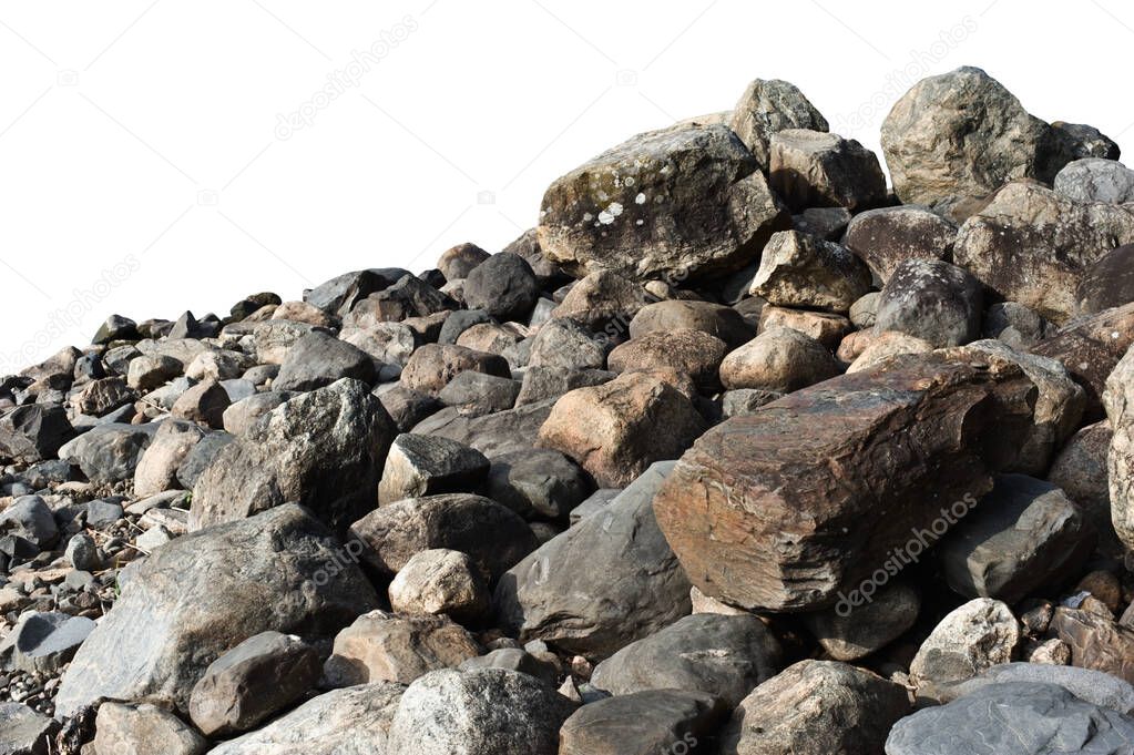 Heap of dark stones isolated on white background.