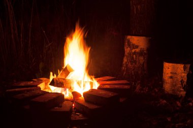 Karanlık bir akşamda yanan kamp ateşi