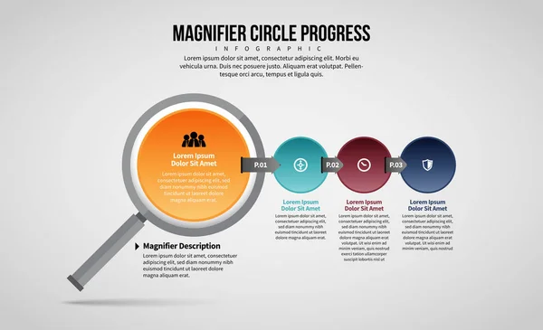 Ilustração Vetorial Lupa Progresso Círculo Elemento Design Infográfico — Vetor de Stock