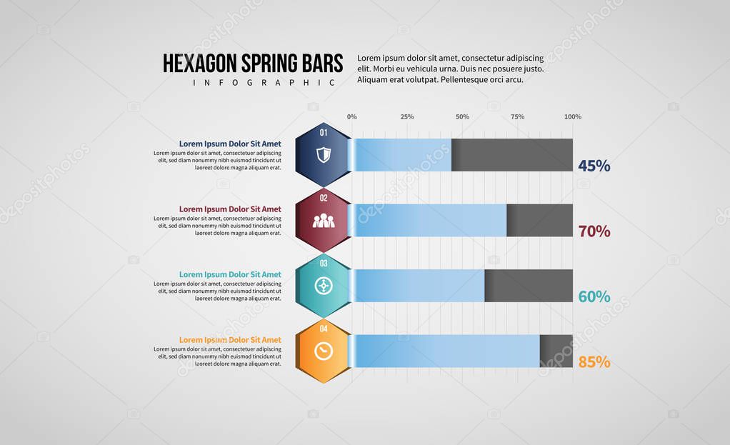 Vector illustration of Hexagon Spring Bars Infographic design element.