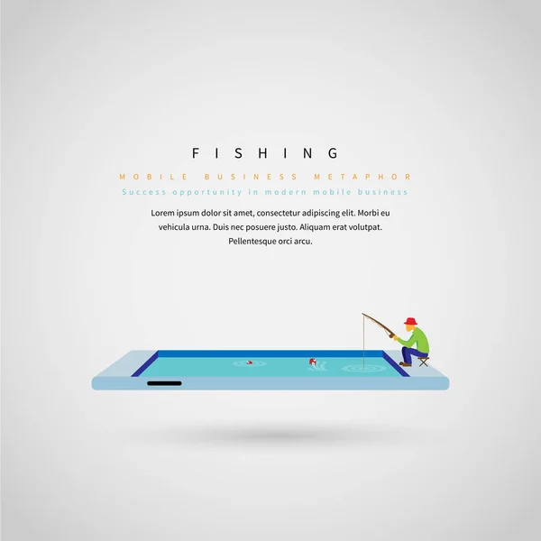 Adam Bir Smartphone Ekranında Balık Tutma Vektör Çizim — Stok Vektör