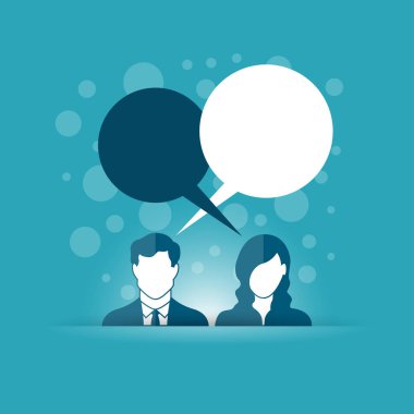 İletişim kavramı konuşmak kabarcıkları ile erkek ve kadın figürü ile vektör çizim.